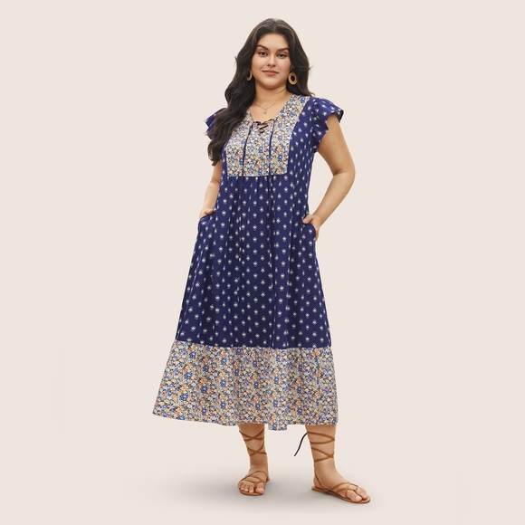 NEW NWT Plus Size Bloomchic Boho Print Ruffle Cap Sleeve Lace Up Dress - Picture 3 of 10